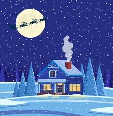 Obraz na płótnie Canvas New year and Christmas winter landscape background. Santa Claus flying on a sleigh. concept for greeting or postal card. Merry christmas holiday. New year and xmas celebration. Vector illustration