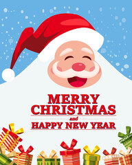 Fototapeta na wymiar Santa Claus big and funny smiling with gifts boxes. Greeting card Merry Christmas and Happy New Year poster banner vector illustration isolated