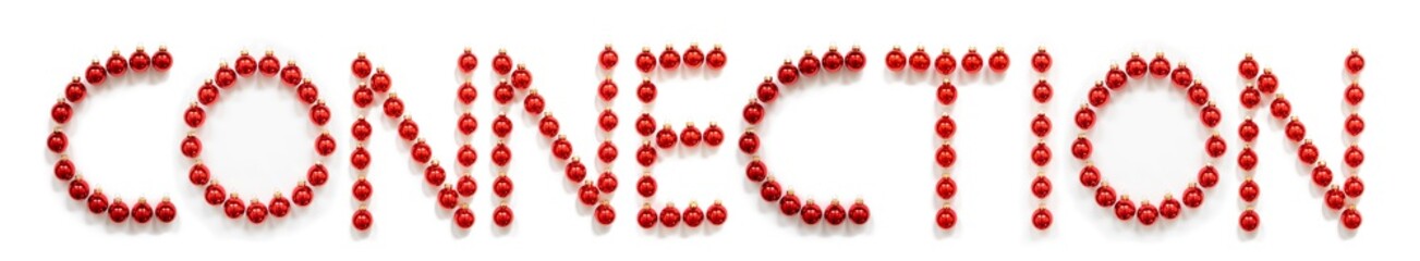 Red Christmas Ball Ornament Building English Word Connection. Festive Christmas Decoration. White Isolated Background