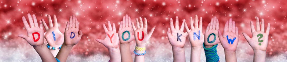 Children Hands Building Colorful English Word Did You Know. Red Snowy Christmas Winter Background...