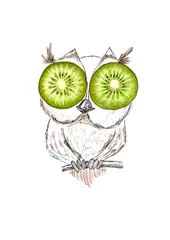 Poster Watercolor creative illustration of the kiwi owl. It can be used for decoration of children's rooms, menus of cafes and restaurants, postcards, invitations for children's parties. Baby shower. Vegan. © Oksana
