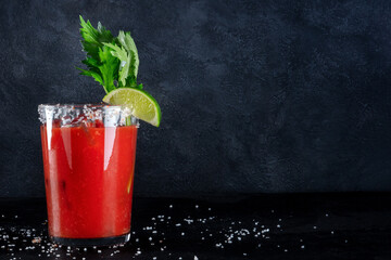 Bloody Mary cocktail in a high glass, served with lime and celery, a side view on a dark background...
