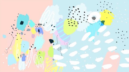 Contemporary pattern. Naive art. Brush, marker, highlight stroke. Abstract background. Vector artwork. Memphis retro style. Children, kids sketch drawing. Pink, gray, blue, yellow, green, white color