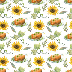 Watercolor seamless pattern with sunflowers on white background. Thanksgiving day Elements Illustration. Hand painted illustration for design kitchen, bio food, menu, healthy eating, textiles, market.
