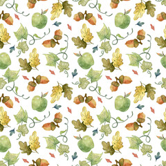 Seamless pattern with hand drawn watercolor fall leaves for fabric, poster, card, wallpaper, wrapping paper, and home decor