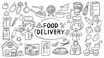 business doodle cute kawaii cartoon style illustration of food delivery or courier delivery theme set