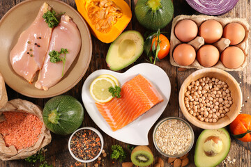 health food selection- fruit, vegetable, cereal and fish