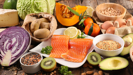 health food selection- fruit, vegetable, cereal and fish