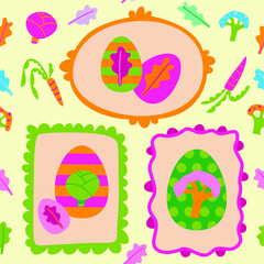 Vector colorful Easter eggs in frame. Seamless vector pattern. Doodle illustration with food and leaves