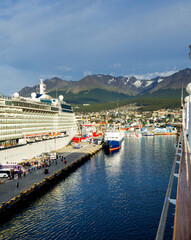 Modern Celebrity cruiseship or cruise ship liner Eclipse in port of Ushuaia, Argentina with...