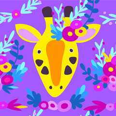 Giraffe head among plants on the violet background. Seamless floral pattern with wild animal. Vector illustration