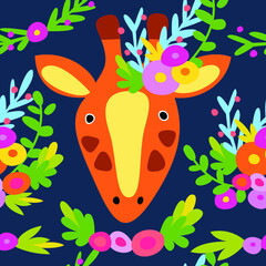 Giraffe head among plants. Seamless floral pattern with wild animal. Vector illustration