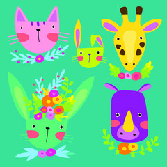 Cute animals with flowers and leaves. Vector doodle illustration with pets and wild animals. Cute smiling happy faces. Kitty, giraffe, hippo, hares