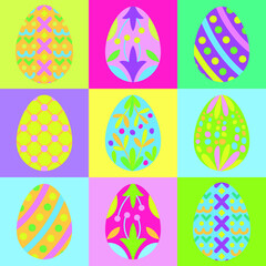 Seamless vector pattern with Easter eggs. Bright colored painted eggs in squares for backgrounds, wallpapers, wrapping paper. Doodle illustration for the holiday