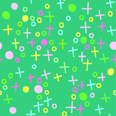 Vector seamless pattern with graphic elements on a green background. Doodle illustration
