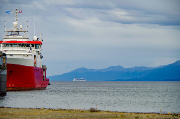 Modern Celebrity cruiseship or cruise ship liner Eclipse in Beagle Channel close to Ushuaia,...