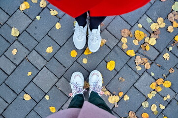 Women's legs in white colors.  Two pairs of legs.  Autumn shoes.  Beautiful yellow foliage.  Walk...