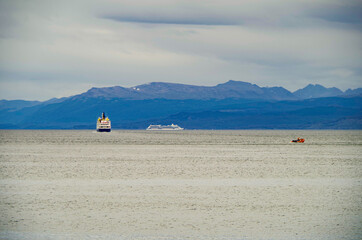 Modern Celebrity cruiseship or cruise ship liner Eclipse in Beagle Channel close to Ushuaia,...
