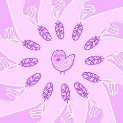 Outline print with a bird and hands holding a feather. Vector doodle illustration