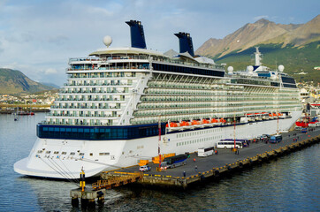Modern Celebrity cruiseship or cruise ship liner Eclipse in port of Ushuaia, Argentina with...