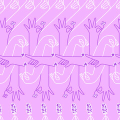 Seamless vector pattern of hands in outline. Doodle pink illustration for wrapping paper, background, cover 