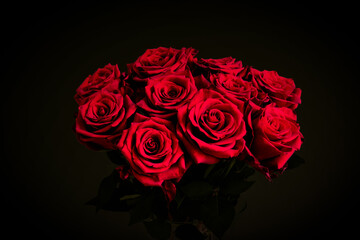 Bouquet of red roses on black background. Valentines day flowers.