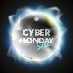 Cyber monday sale circle banner. Text letter cyber monday sale round poster. Advertising design illustration. Shine cyber monday sale lettering banner. Seasonal holidays discounts radiance promo offer