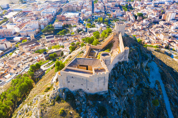 Aerial view of Castalla cityscape with ancient fortified castle, Alicante, Spain