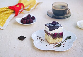 Sliced cake Danube waves: vanilla and chocolate sponge cake with cherries, vanilla pudding, coated with chocolate and decorated with cherries. Dessert Recipes. Valentine's Day.