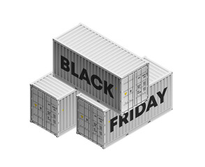 3D Cargo Container black friday Vector. Classic isometry Cargo Container. Freight Shipping Concept. Logistics, Transportation isometric Mock Up