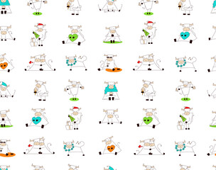 White ox. Symbol of chinese new year 2021. Seamless pattern, endless texture, wallpaper, print for holiday design. Funny cute kawaii bull, cow. Set of vector illustrations isolated on white background