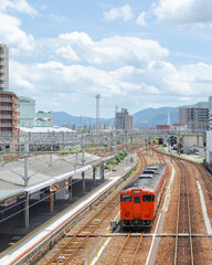 Fototapeta premium Local train at Iwakuni Station, Japan