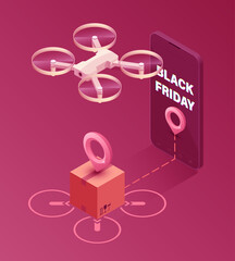 Black Friday online shopping banner. Drone delivery concept vector illustration. Quadcopter flying over route carrying a package, cargo, goods to customer