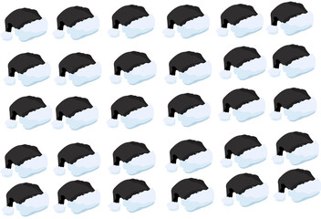 Pattern Cartoon black Santa hat isolated on blue transparent background. Concept Happy New Year. Flat vector illustration decoration. Santa claus hat colllection, holiday cap to xmas.