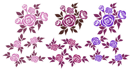 Set of roses. Vector set of isolated bouquets of roses and design elements.