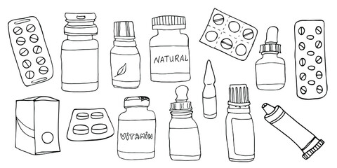 Hand drawn vector doodle set of vitamins, medicines, tablets, ointments on a white background. Medicine vials and bottles icons.