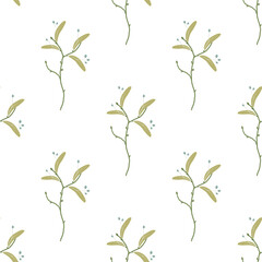 Linden twig ornament. Seamless floral pattern. Green sprig texture on white background.