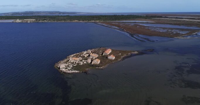 Aerial view of an island , ile de la Nadi&egrave;re, on a pond by drone
