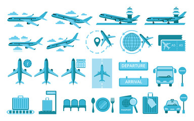 Simple Set of airport and airplane Related Vector icon graphic design illustration. Contains such illustration as landing, takeoff, climbing, command center tower, ticketing, schedule, time, passport