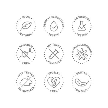 Cosmetics round isolated product vector icon set, round badge line art style illustration.