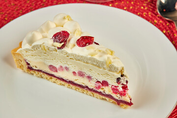 a piece of white cake with cherry close up