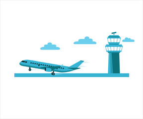 simple flat vector design of airplane takeoff in the run way with command tower behind illustration