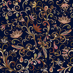 Abstract vintage pattern with decorative flowers, leaves and Paisley pattern in Oriental style. - 390320606