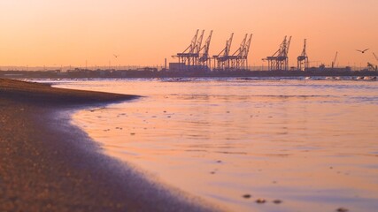 Sandy Beach at Baltic Sea with Container Terminal Cranes in Background at Sunset