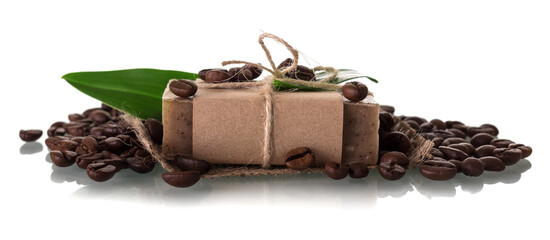 Handmade craft soap with coffee aroma and peeling isolated on white