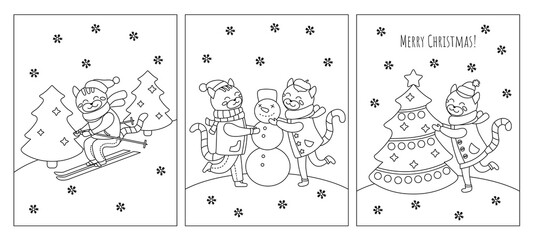Christmas coloring pages book for kids. Cute winter cats with texts for cards, invitations. Vector black and white illustrations in cartoon style
