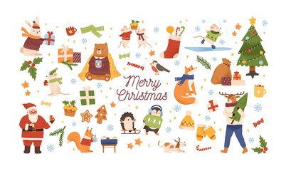 Collection of Christmas symbols and characters. Set of cute festive gifts, candies, decorations, clothes, animals. New year celebration. Winter seasonal holiday decor. Vector flat cartoon illustration