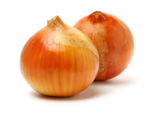 Gold onion vegetable bulbs on white background