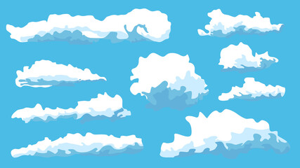 Set of blue sky, abstract cartoon clouds. Different shapes and size clouds icons are in blue sky. Vector illustration
