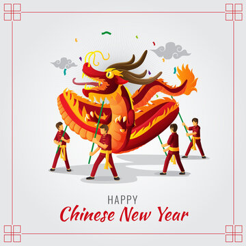 Chinese New Year Greeting card with dragon dance illustration